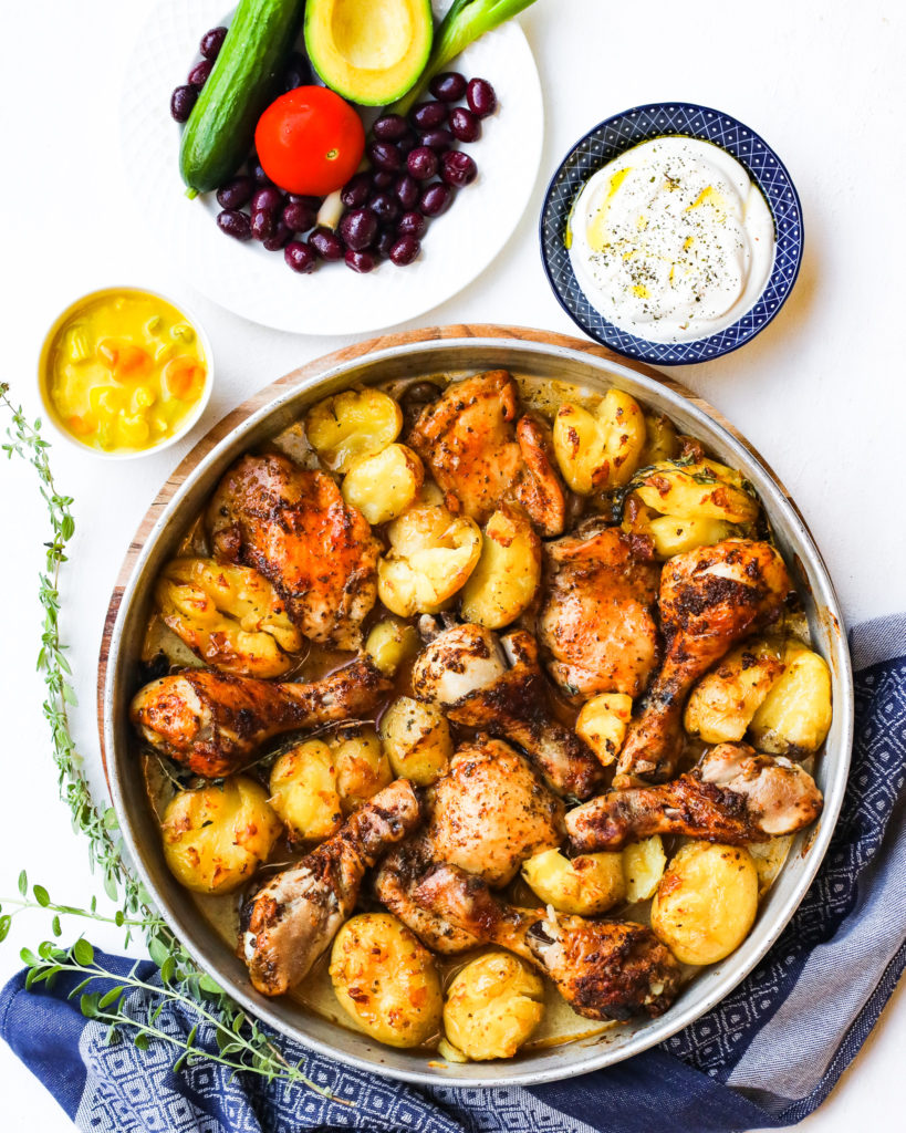 Roasted chicken and smashed potatoes traybake - My Family's Food Diary