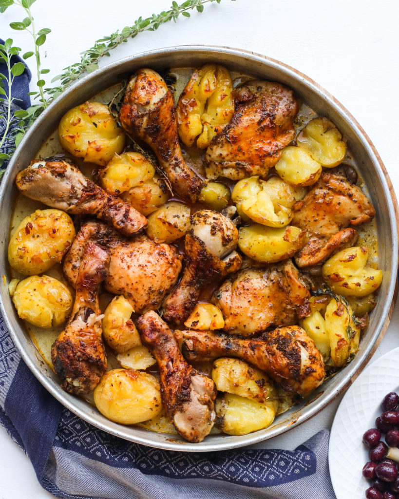 Roasted chicken and smashed potatoes traybake My Family's Food Diary