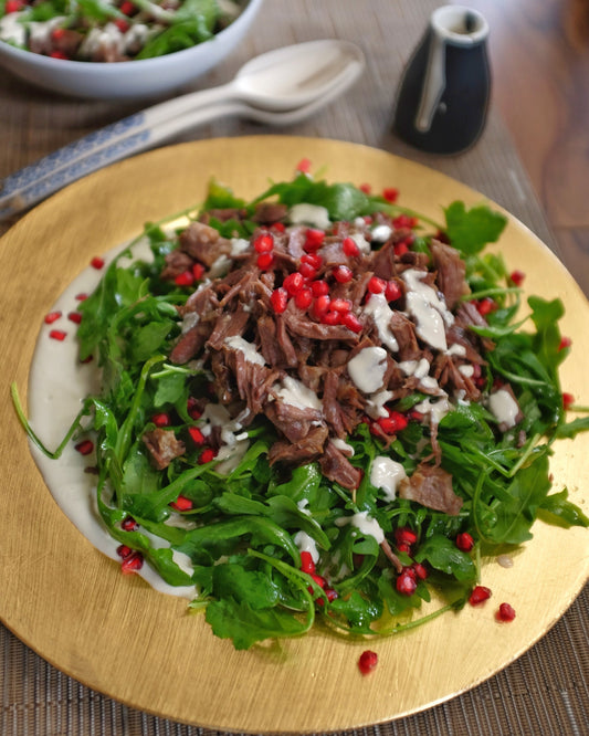 Shredded Beef And Rocket Salad With Tahini Yoghurt Dressing