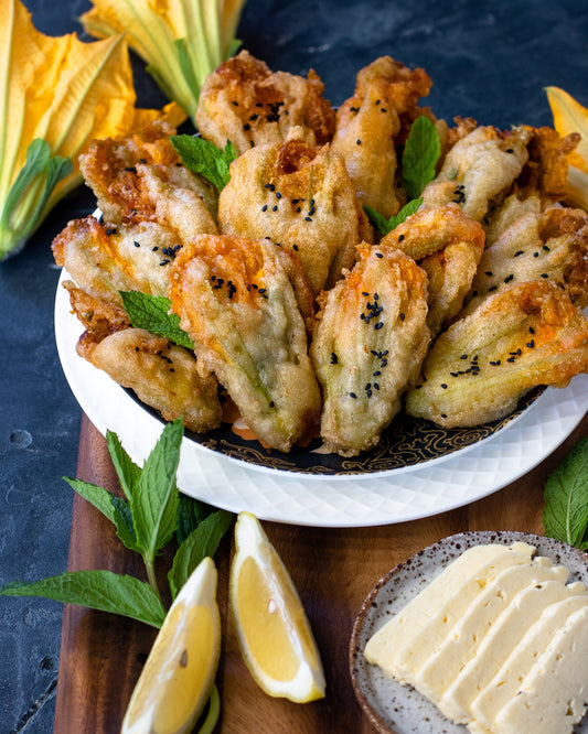 Battered Zucchini Flowers With Halloumi