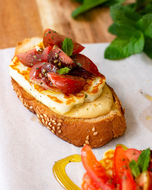 Halloumi Tomato And Hummus Bruschetta