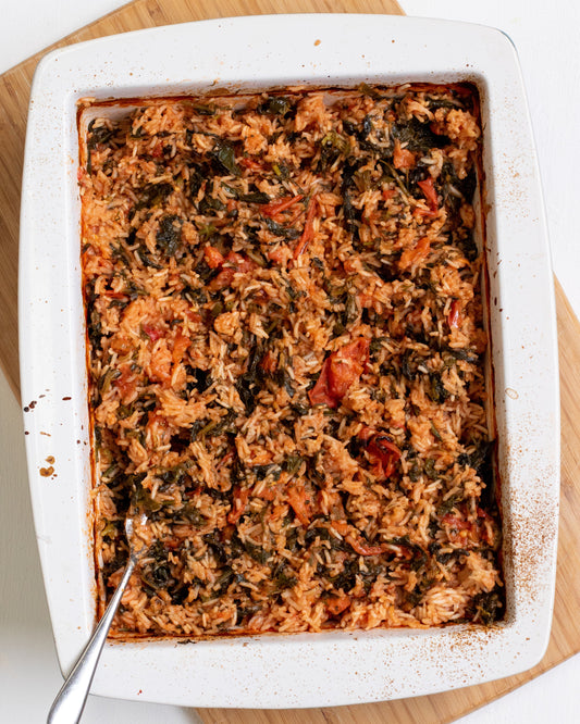 Spinach Rice With Tomatoes Spanakorizo Tray Bake